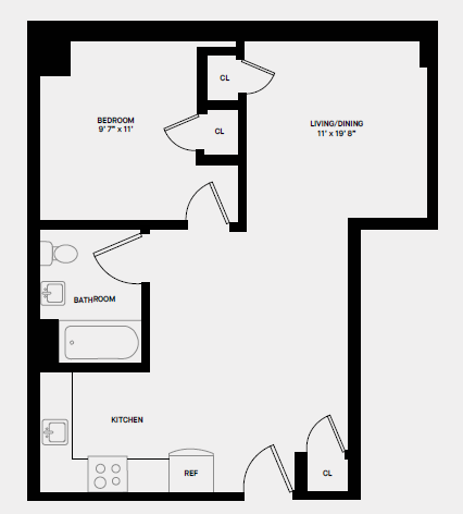 Floor plan for 1 bed, 1 bath, 433 sqft
